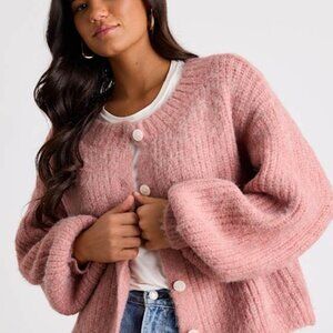 Lulus Marsden Heathered Pink Boxy Cardigan Sweater - Size M